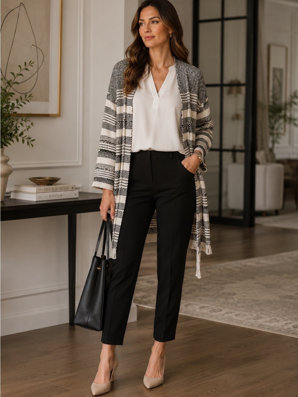 Eileen Fisher Jacket Women’s Large Belter Sweater Coat Stripe Organic Cotton